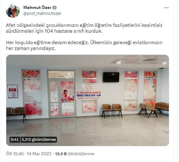 Bakan Özer: Afet bölgesinde 104 hastane sınıfı kurduk