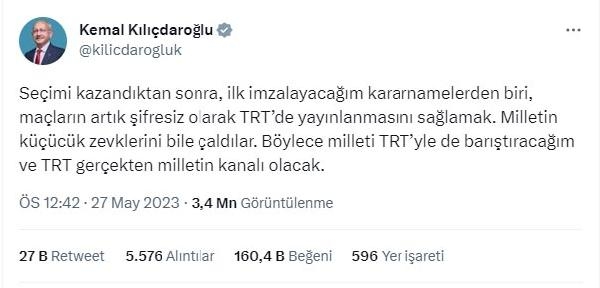 Kılıçdaroğlu'ndan 'şifresiz maç' vaadi